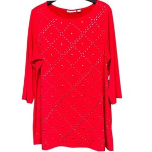 Susan Graver Embellished Knit Tunic Top 2XL Red Silver Studded Diamond Stretch